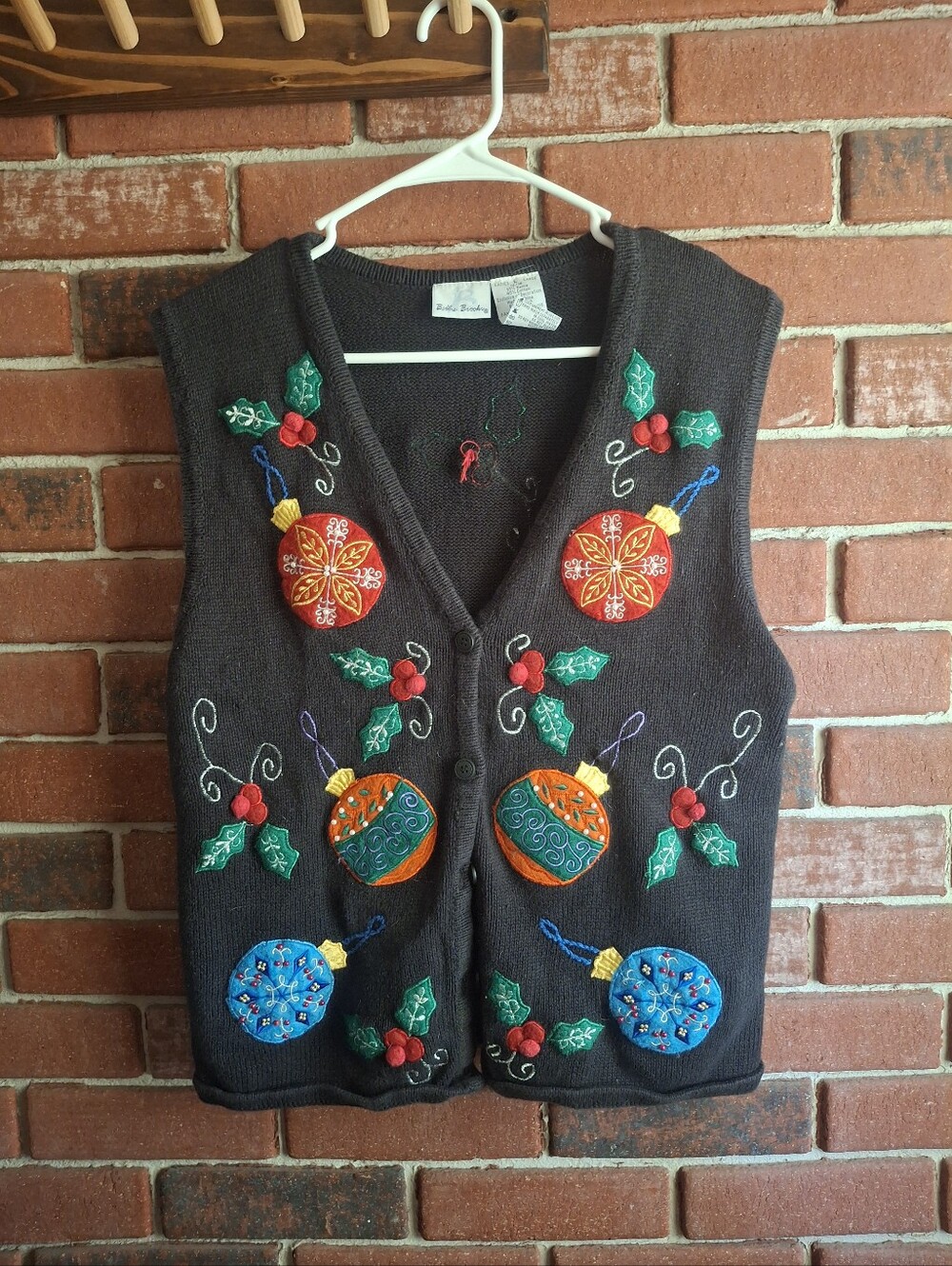 Vintage Embroidered Holiday Ornament Sweater Vest - Dark Gray
